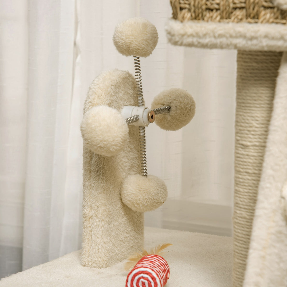 Scratching Post Large Cat Tree 130Cm, With Cat Cave & Play Balls, Jute Trunks, Khaki + Beige, Chipboard Plush
