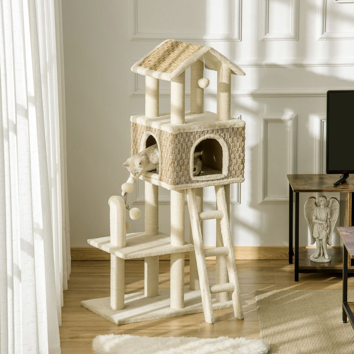 Scratching Post Large Cat Tree 130Cm, With Cat Cave & Play Balls, Jute Trunks, Khaki + Beige, Chipboard Plush