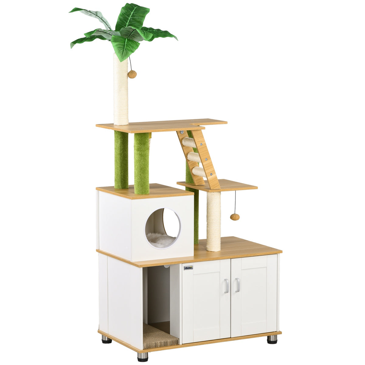 Scratching Post Litter Box Cabinet 2In1 160Cm Cat House Stairs Scratching Post Play Ball Scratching Furniture Platform Oak