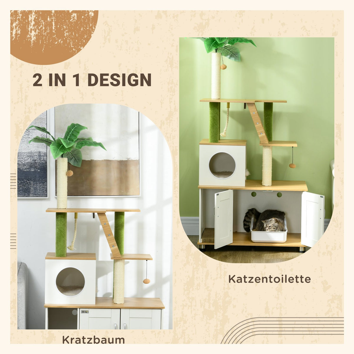 Scratching Post Litter Box Cabinet 2In1 160Cm Cat House Stairs Scratching Post Play Ball Scratching Furniture Platform Oak