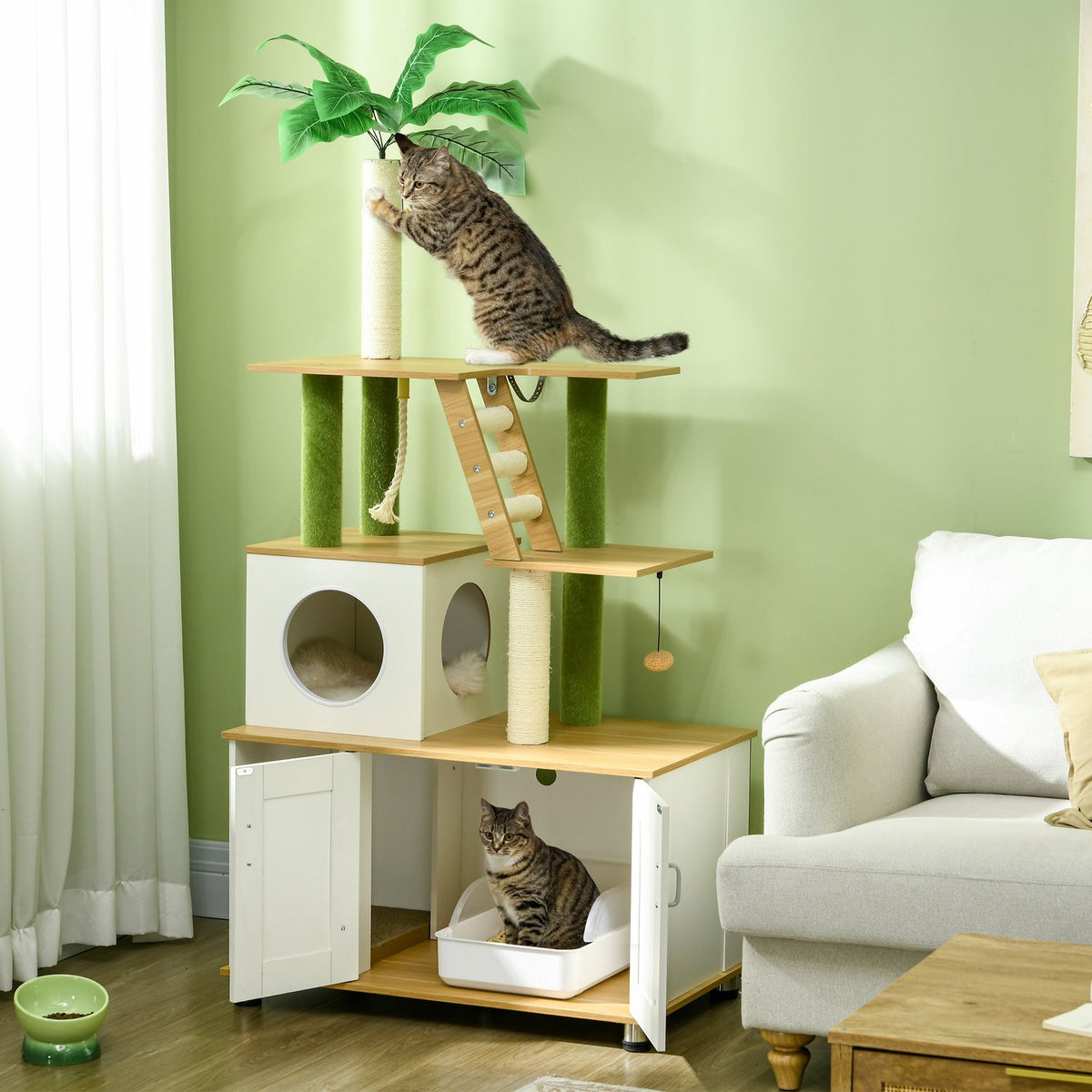 Scratching Post Litter Box Cabinet 2In1 160Cm Cat House Stairs Scratching Post Play Ball Scratching Furniture Platform Oak