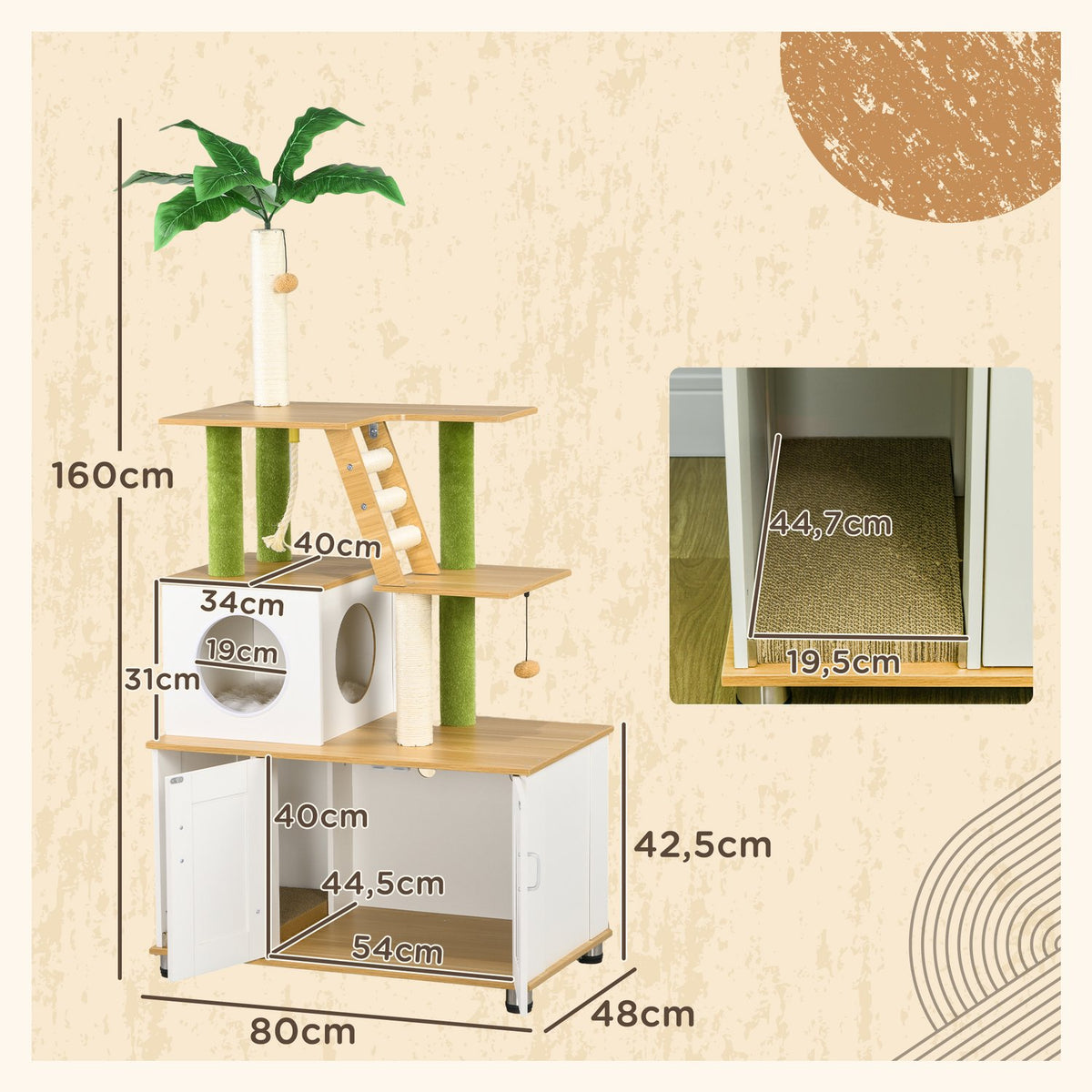 Scratching Post Litter Box Cabinet 2In1 160Cm Cat House Stairs Scratching Post Play Ball Scratching Furniture Platform Oak