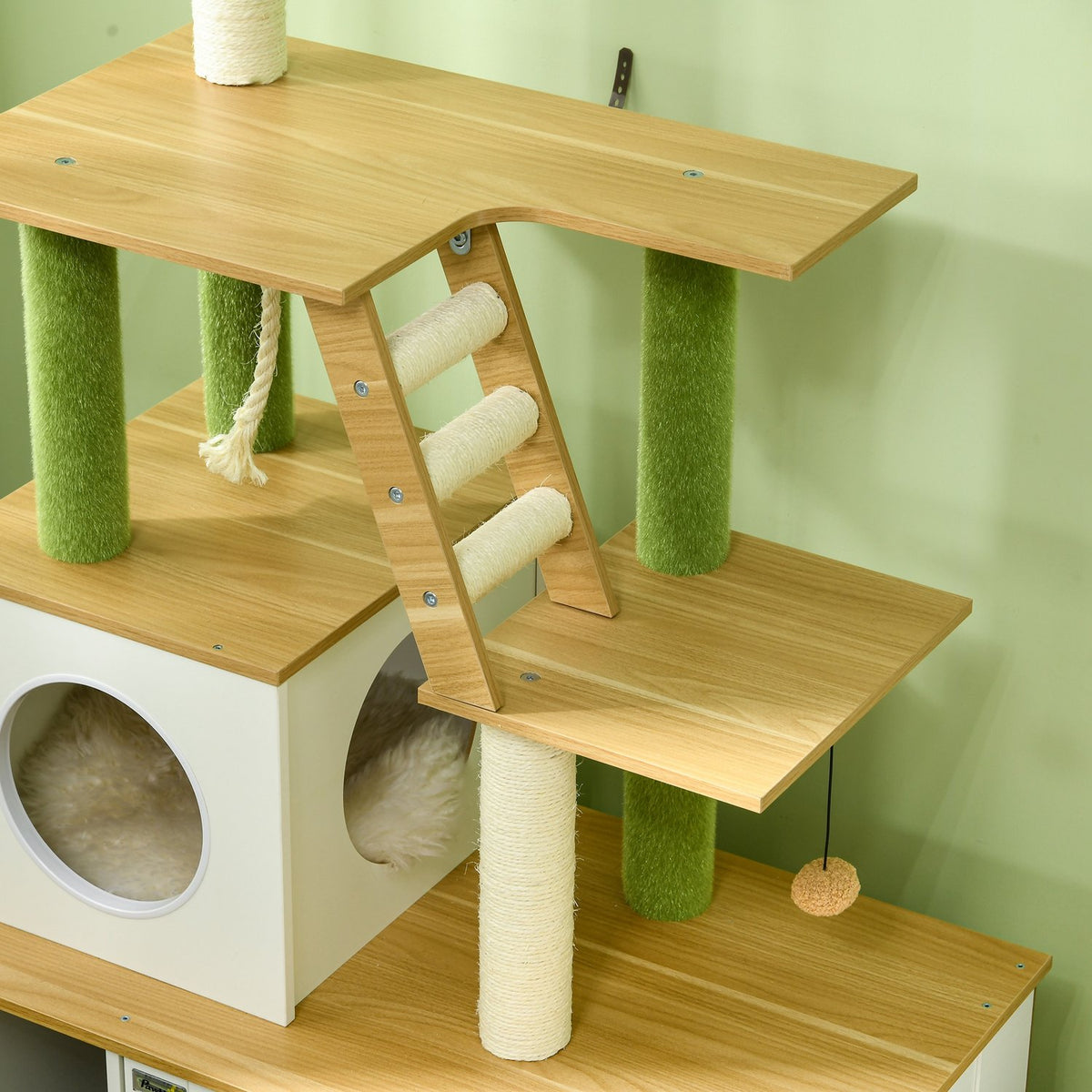 Scratching Post Litter Box Cabinet 2In1 160Cm Cat House Stairs Scratching Post Play Ball Scratching Furniture Platform Oak