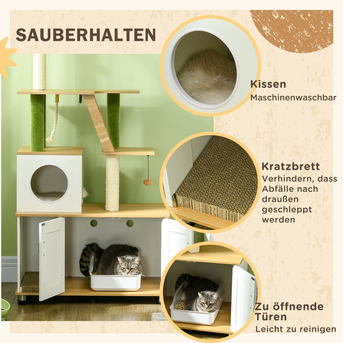 Scratching Post Litter Box Cabinet 2In1 160Cm Cat House Stairs Scratching Post Play Ball Scratching Furniture Platform Oak