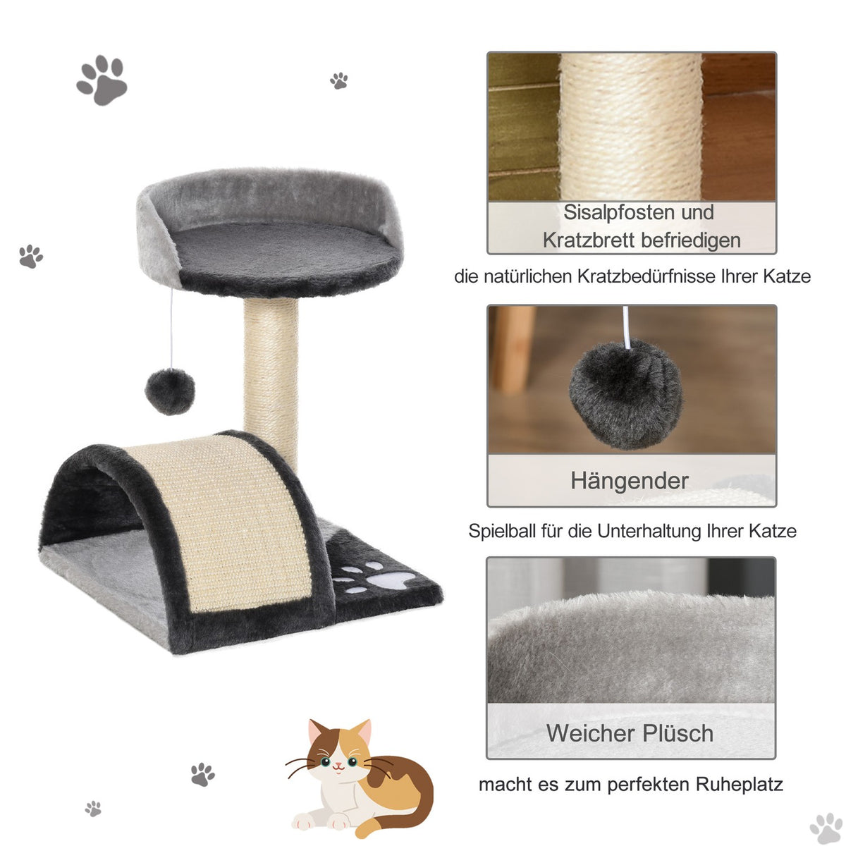 Scratching Post Play Balls & Sisal Rope Scratching Poles, Stable Cat Tree, Gray, 35.5X37X46Cm