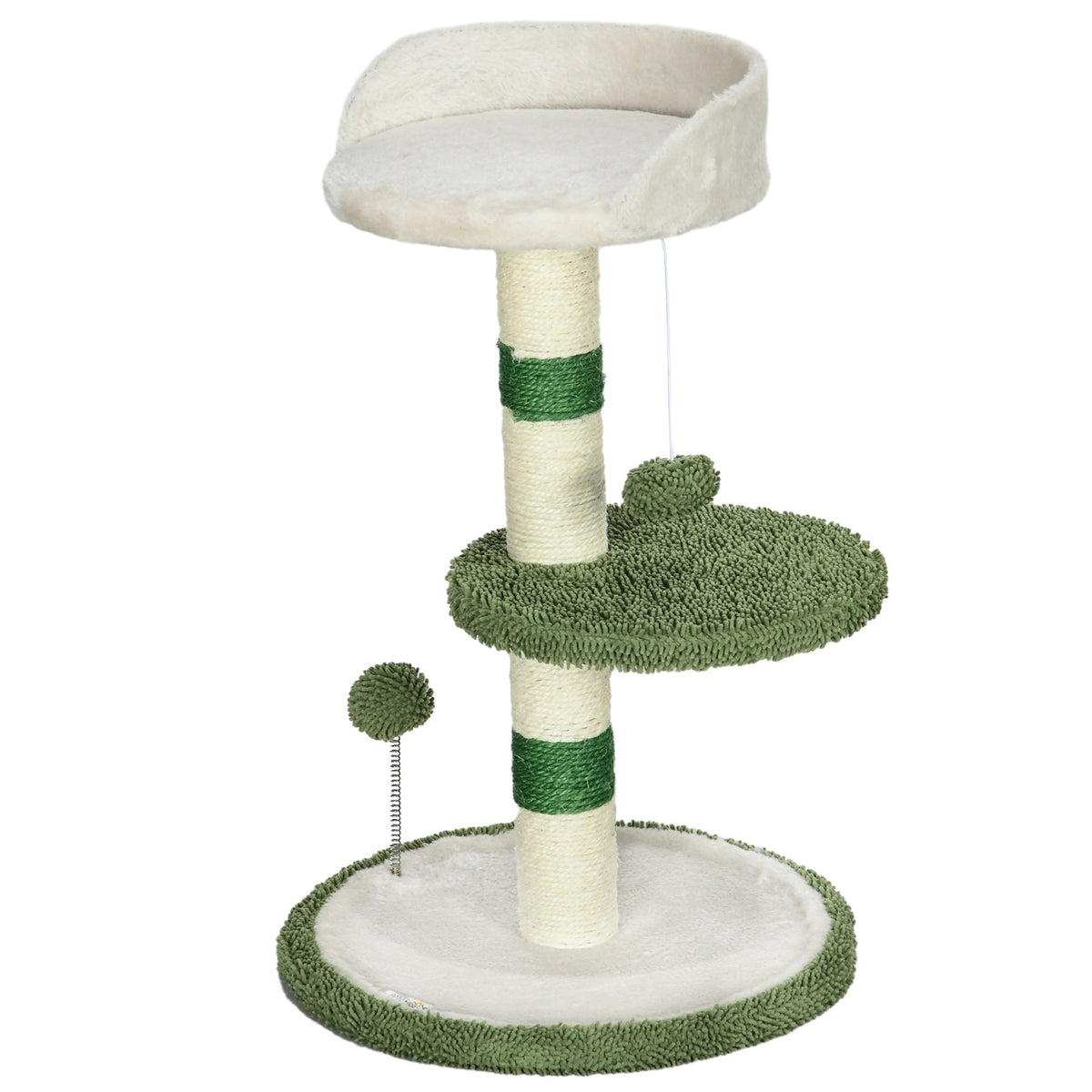 Scratching Post Small 64Cm Round Cat Tree With Lying Area & Toy Ball, For Cats Up To 4Kg, Sisal, White/Green