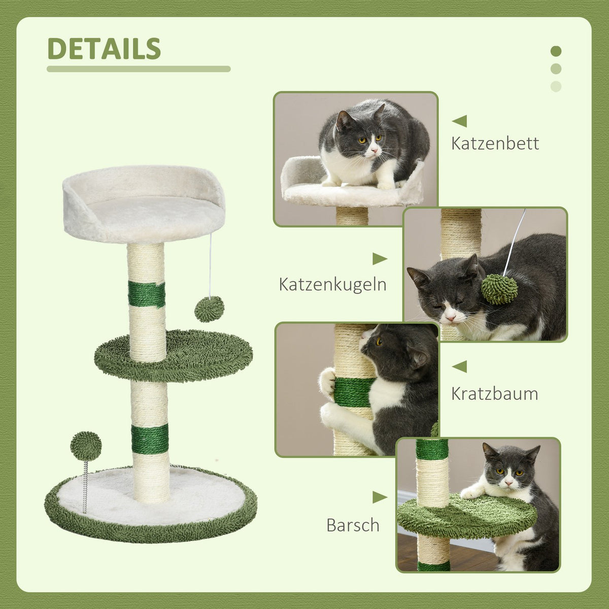 Scratching Post Small 64Cm Round Cat Tree With Lying Area & Toy Ball, For Cats Up To 4Kg, Sisal, White/Green