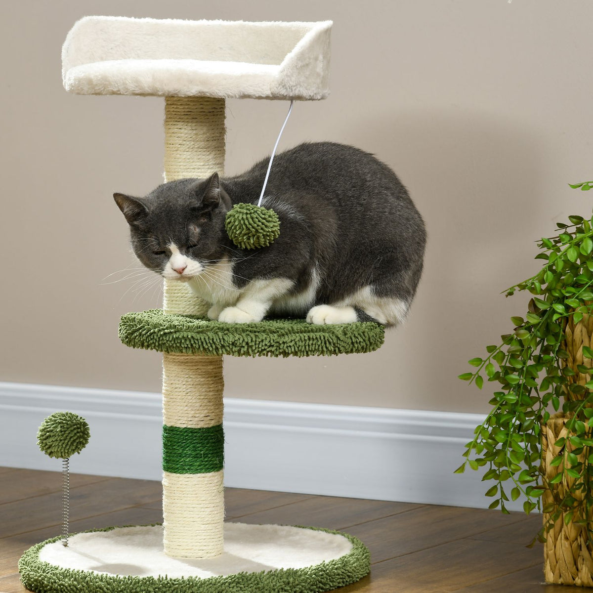 Scratching Post Small 64Cm Round Cat Tree With Lying Area & Toy Ball, For Cats Up To 4Kg, Sisal, White/Green