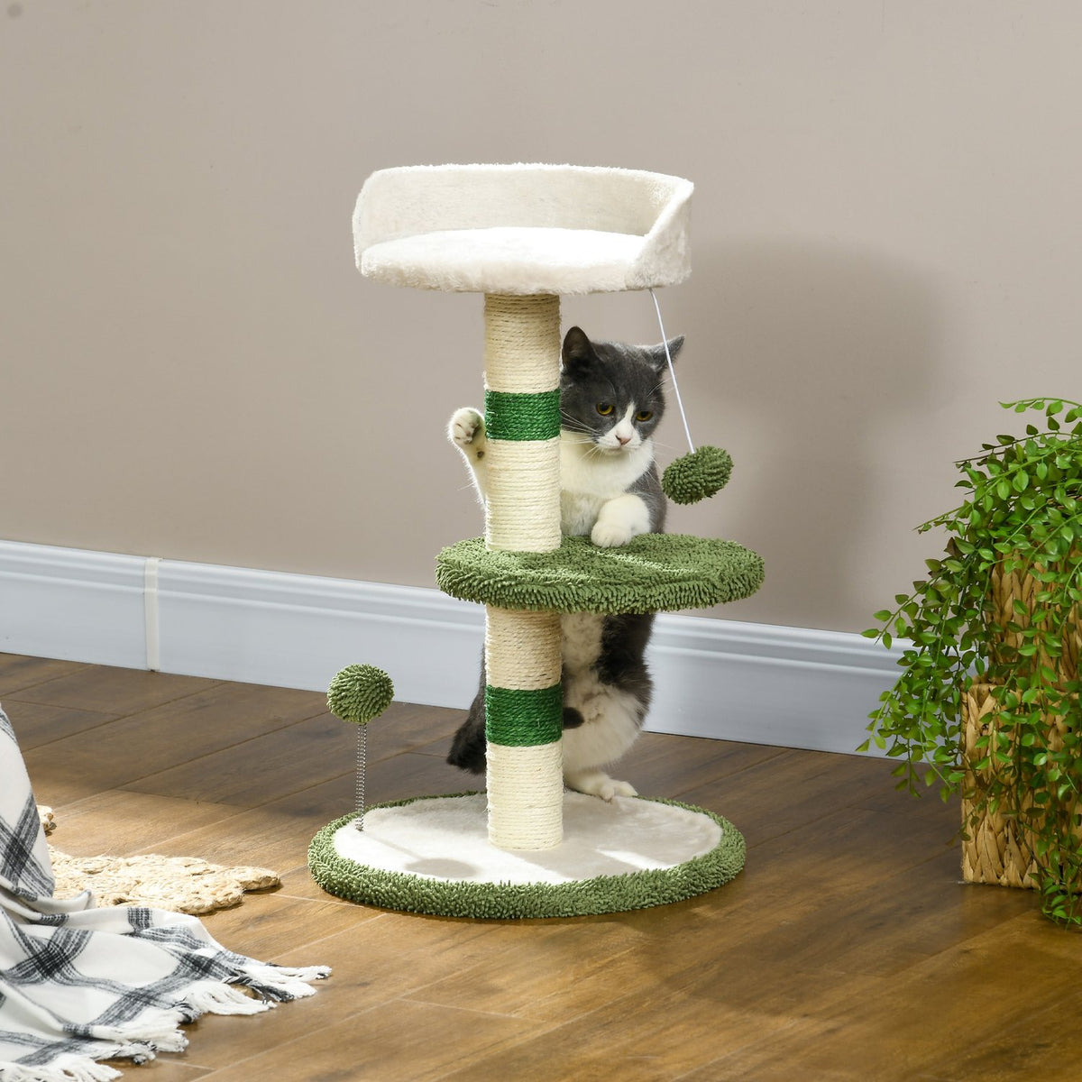 Scratching Post Small 64Cm Round Cat Tree With Lying Area & Toy Ball, For Cats Up To 4Kg, Sisal, White/Green