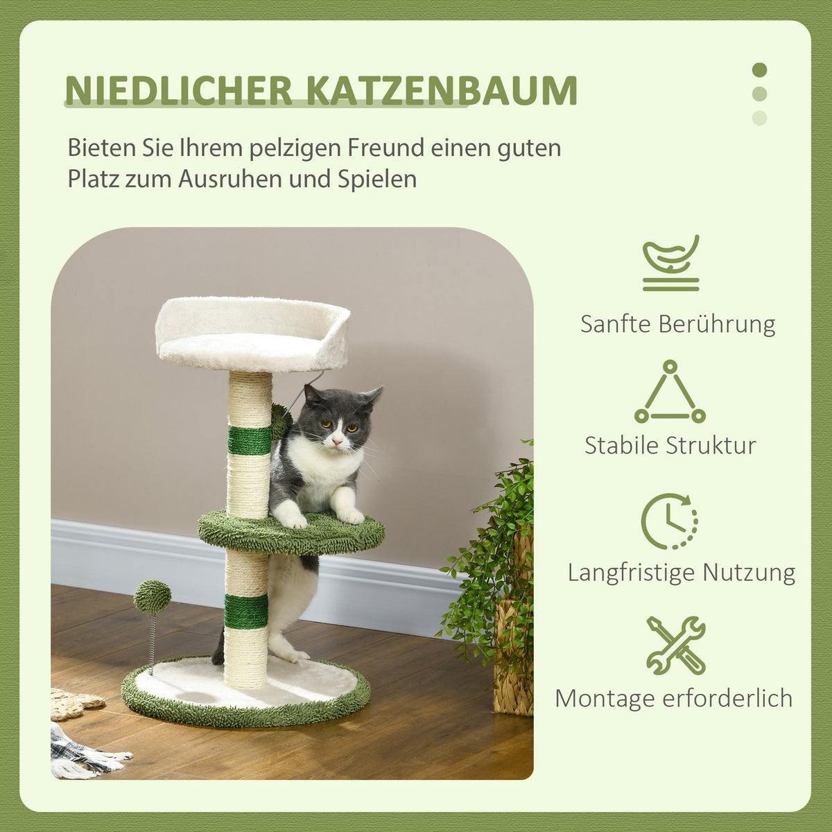 Scratching Post Small 64Cm Round Cat Tree With Lying Area & Toy Ball, For Cats Up To 4Kg, Sisal, White/Green