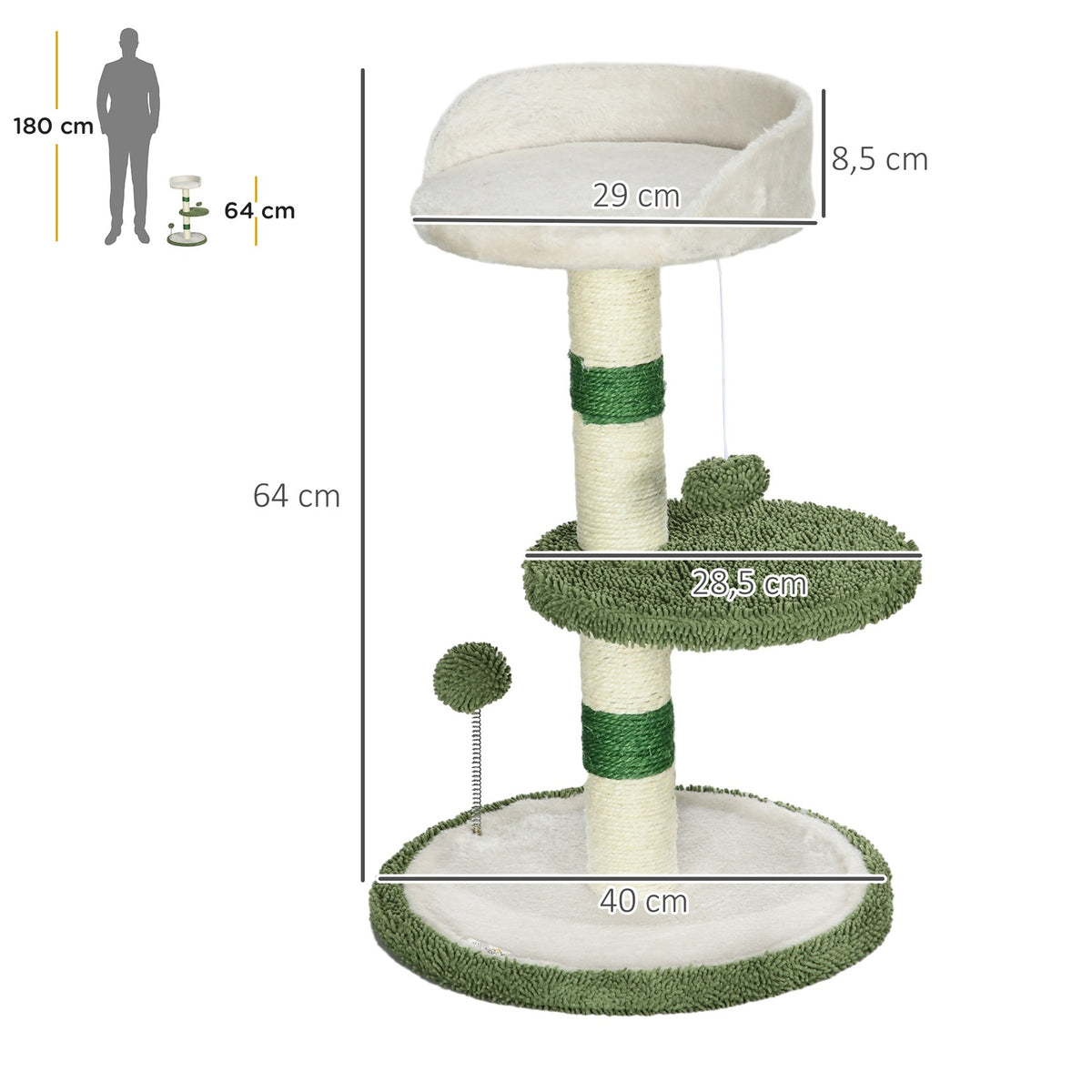Scratching Post Small 64Cm Round Cat Tree With Lying Area & Toy Ball, For Cats Up To 4Kg, Sisal, White/Green