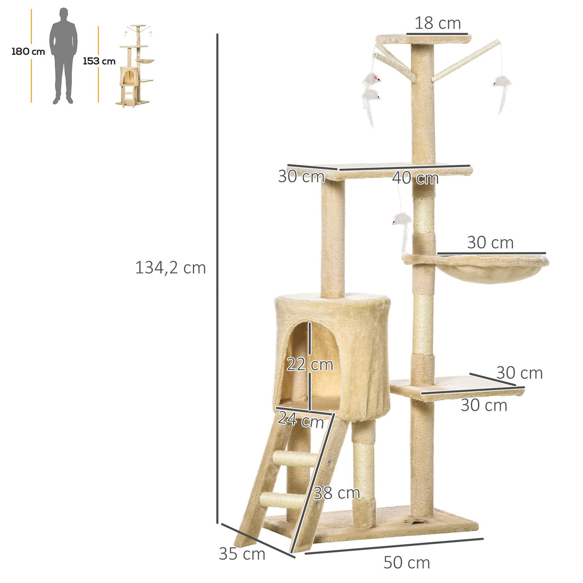 Scratching Post Stairs 4 Toys Beige Game & Rest 50X35X134.2Cm