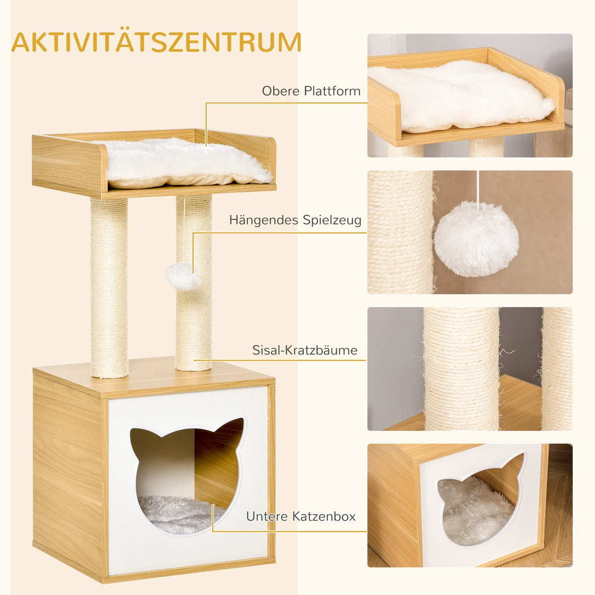 Scratching Post With Cat Cave & 2 Cushions, Cat Tree With Toys, Natural Sisal, 35X35X81Cm