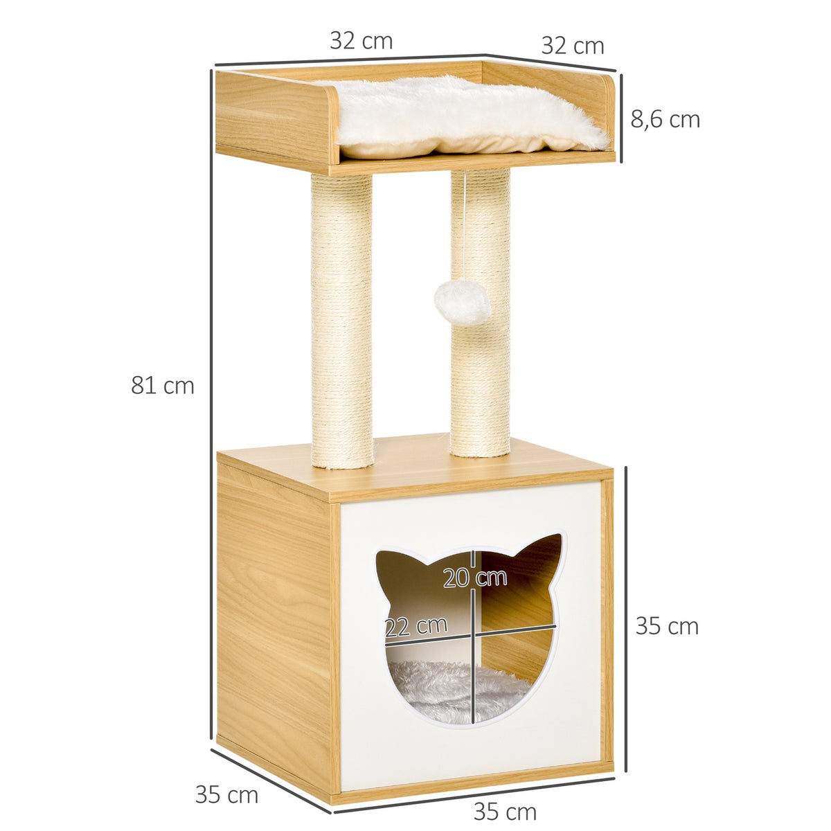 Scratching Post With Cat Cave & 2 Cushions, Cat Tree With Toys, Natural Sisal, 35X35X81Cm