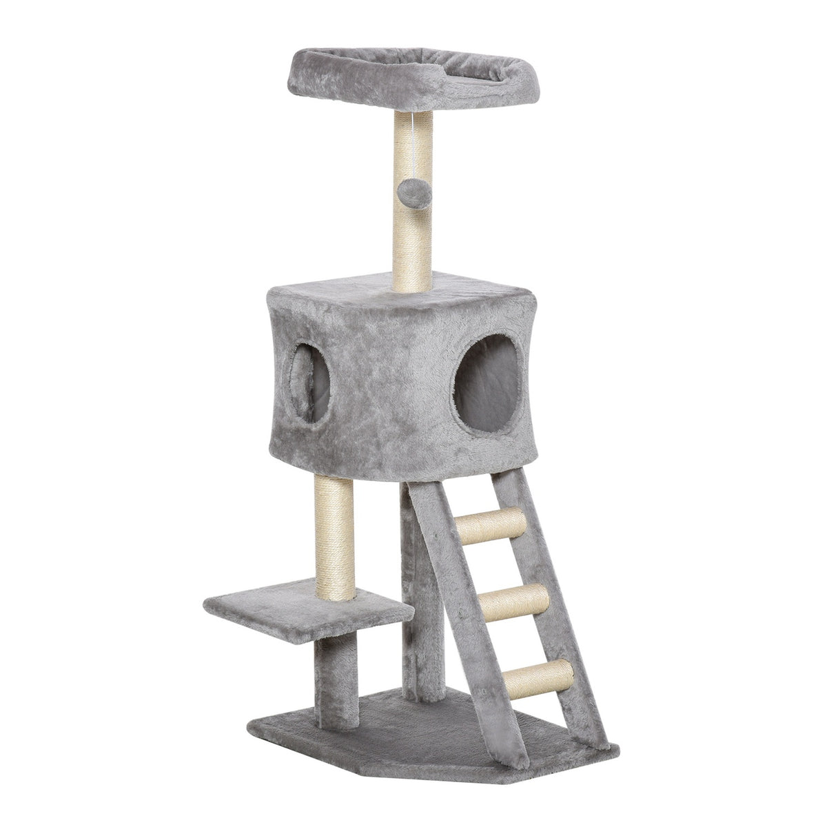 Scratching Post With Cat Cave And Ladder, Multi-Level, E1 Mdf Sisal, Light Gray, 60X48X122Cm