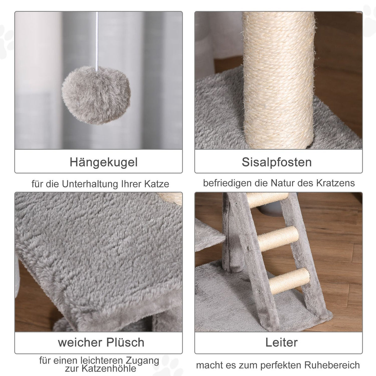 Scratching Post With Cat Cave And Ladder, Multi-Level, E1 Mdf Sisal, Light Gray, 60X48X122Cm