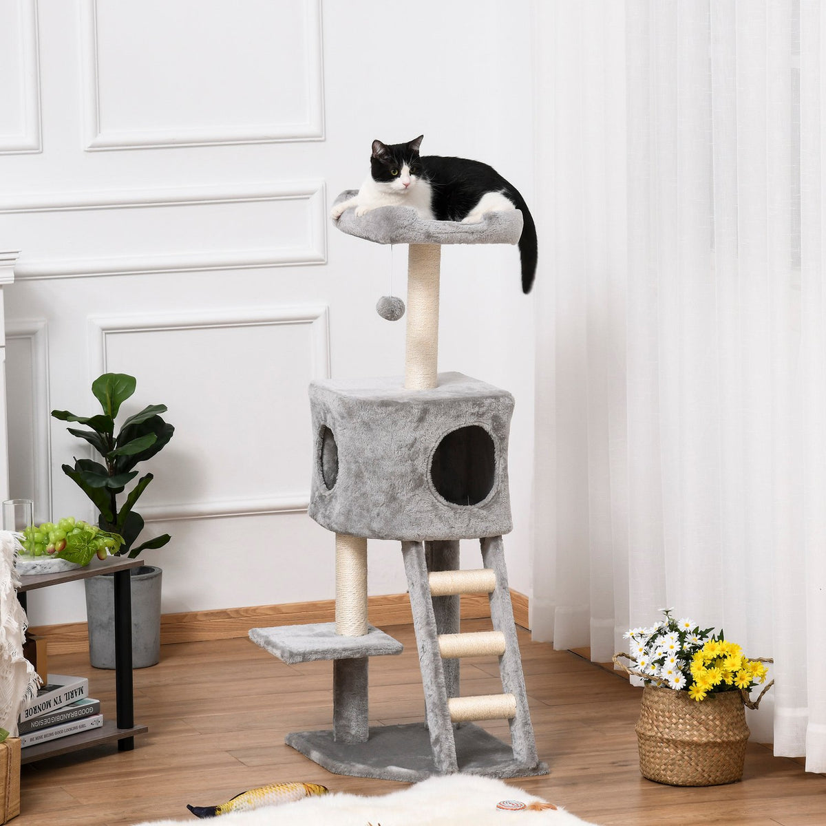 Scratching Post With Cat Cave And Ladder, Multi-Level, E1 Mdf Sisal, Light Gray, 60X48X122Cm