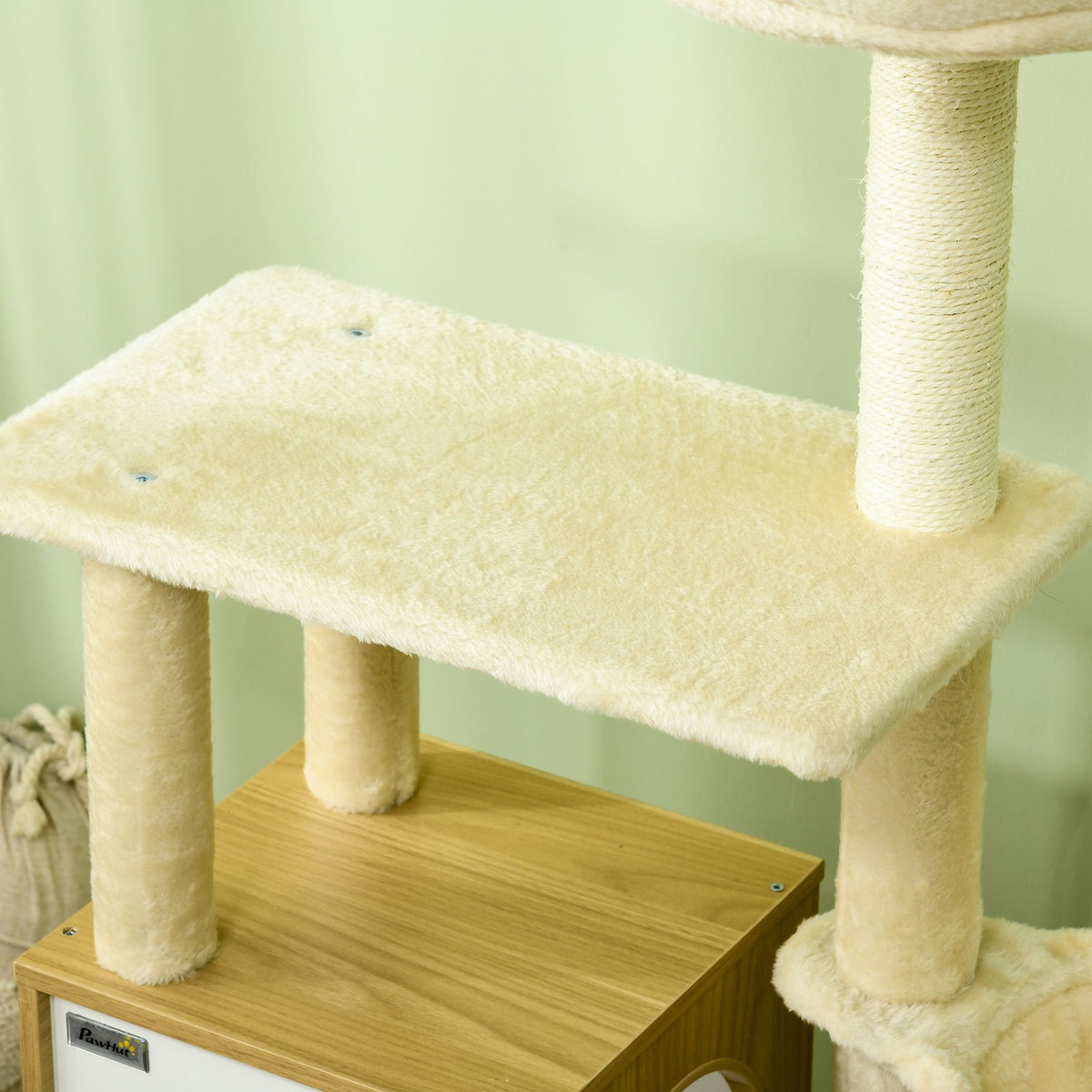 Scratching Post With Cat Cave Play Ball, Hanging Bed, 2 Platforms, Sisal, Beige