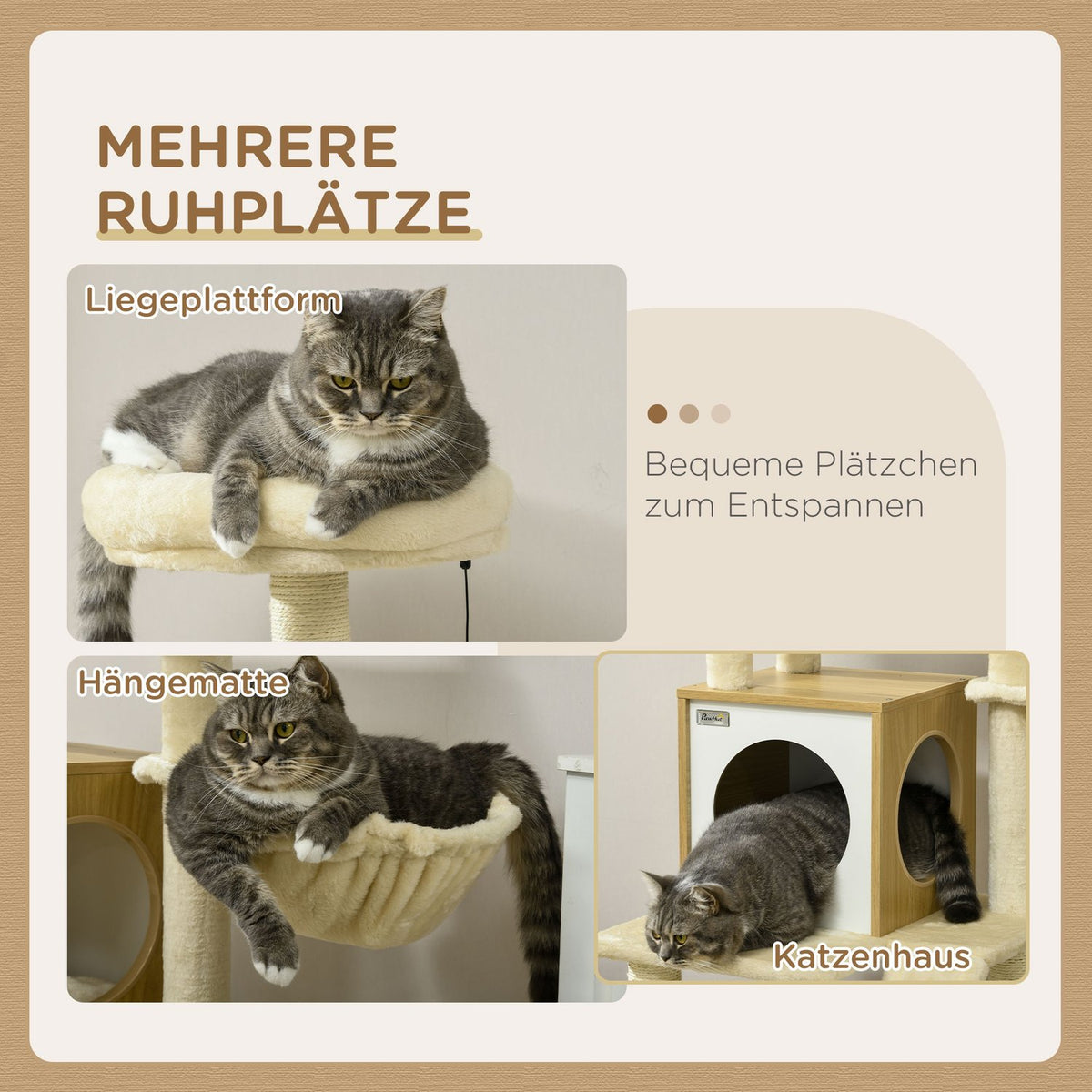 Scratching Post With Cat Cave Play Ball, Hanging Bed, 2 Platforms, Sisal, Beige