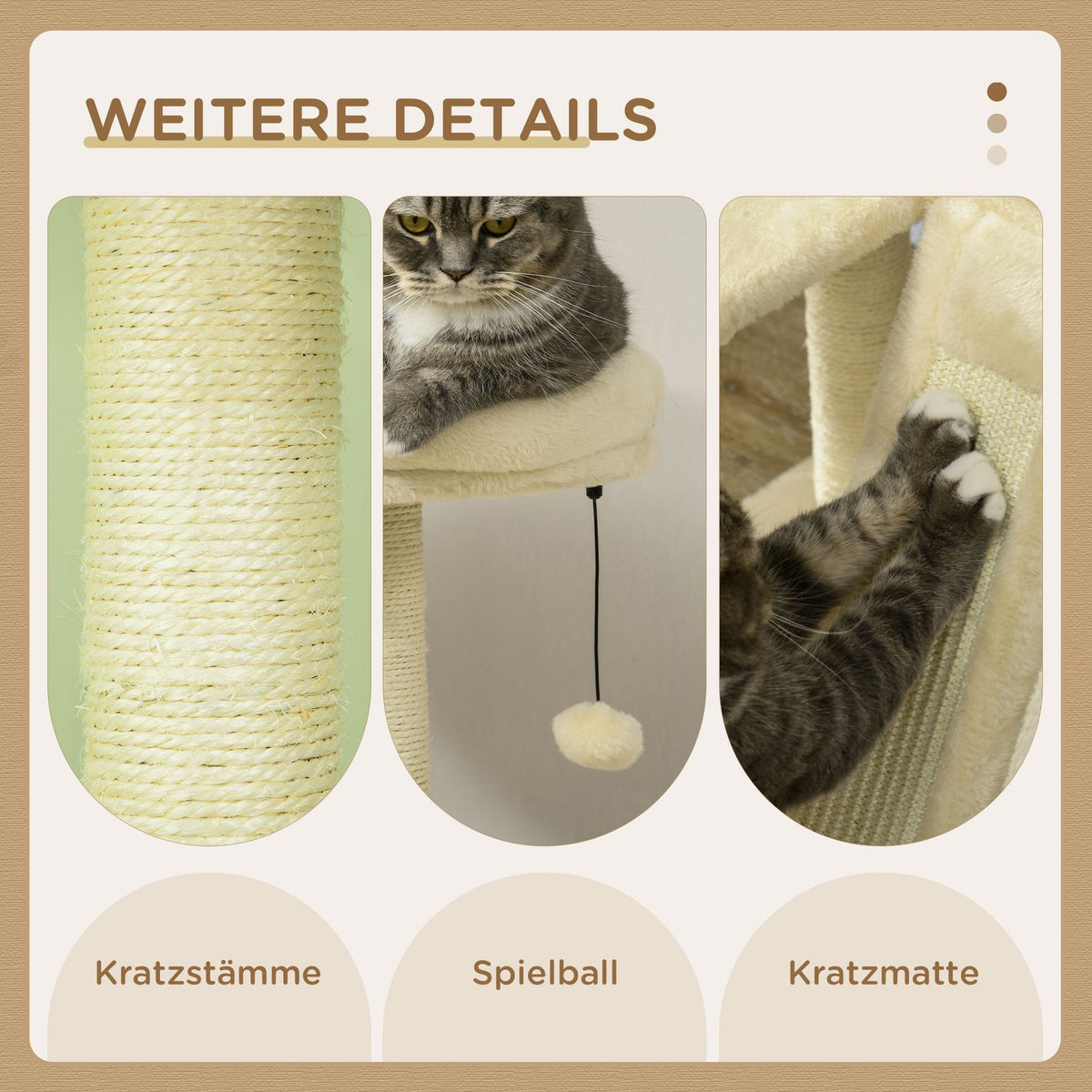 Scratching Post With Cat Cave Play Ball, Hanging Bed, 2 Platforms, Sisal, Beige