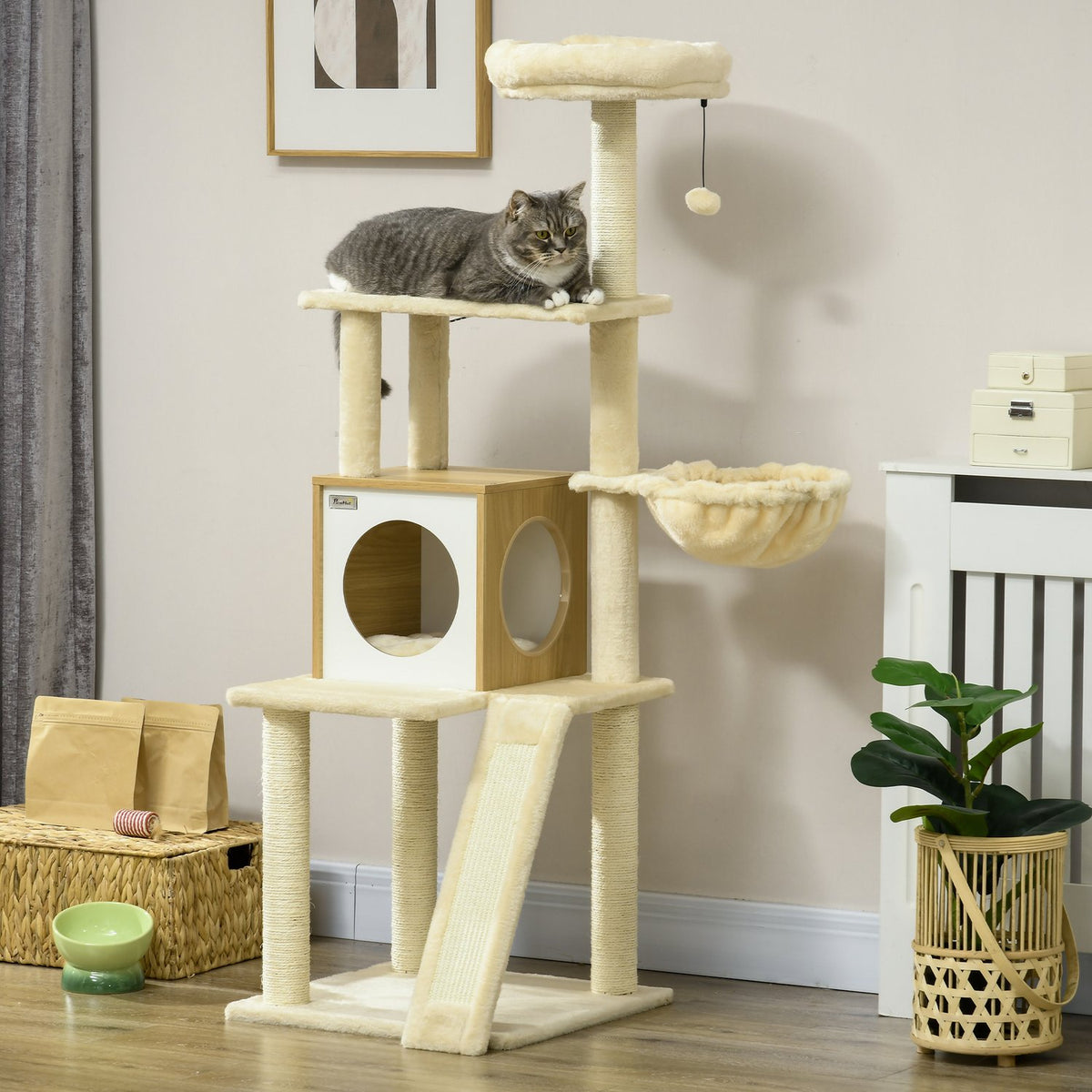 Scratching Post With Cat Cave Play Ball, Hanging Bed, 2 Platforms, Sisal, Beige