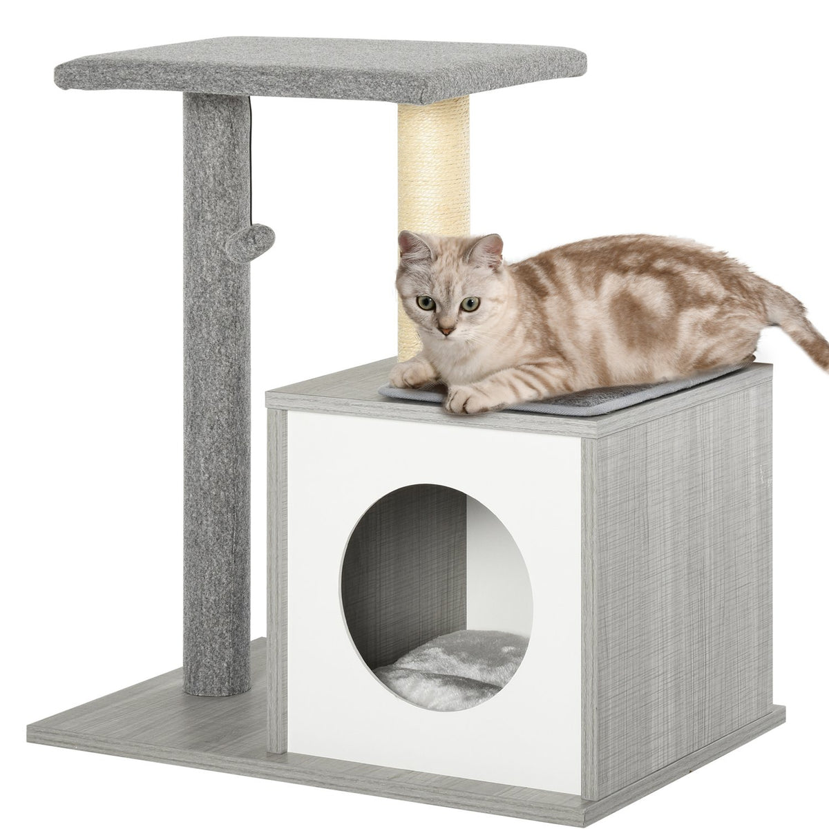 Scratching Post With Cave For Cats Climbing Tree, Plush Cushion, E1 Chipboard, Grey&White, 59X39X62Cm