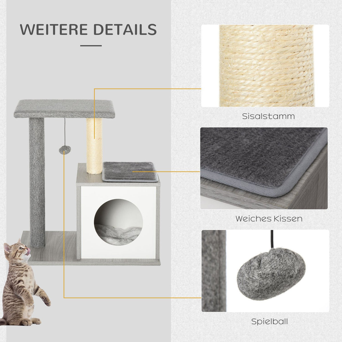 Scratching Post With Cave For Cats Climbing Tree, Plush Cushion, E1 Chipboard, Grey&White, 59X39X62Cm