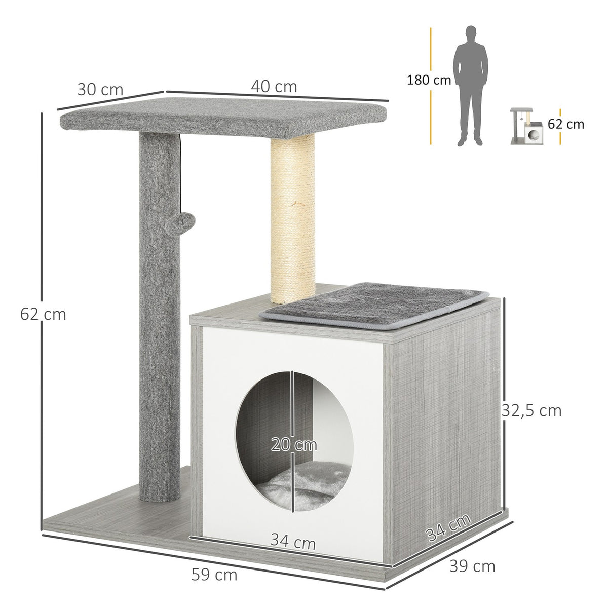 Scratching Post With Cave For Cats Climbing Tree, Plush Cushion, E1 Chipboard, Grey&White, 59X39X62Cm
