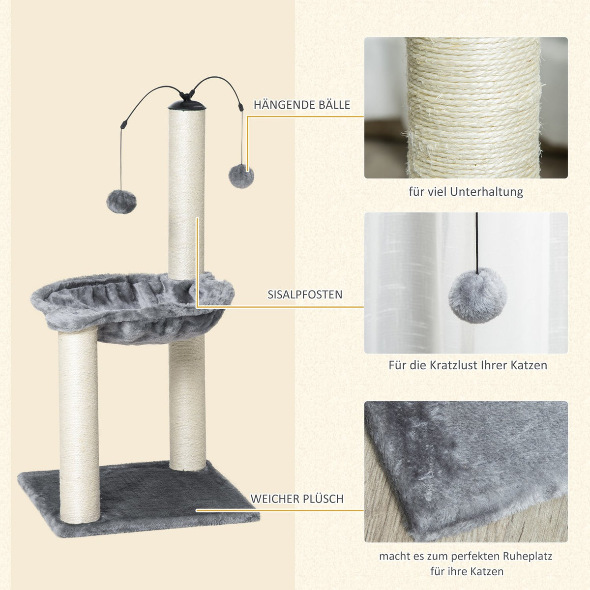 Scratching Post With Hammock Cat Tree Climbing Tree For Cats With Spin Ball Gray 39.5X39.5X83 Cm