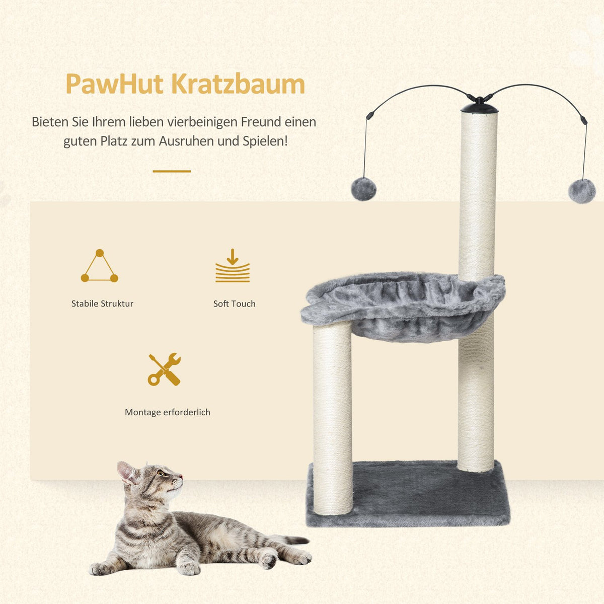 Scratching Post With Hammock Cat Tree Climbing Tree For Cats With Spin Ball Gray 39.5X39.5X83 Cm