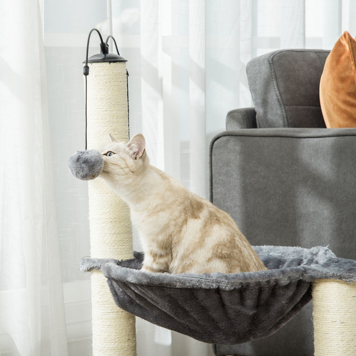 Scratching Post With Hammock Cat Tree Climbing Tree For Cats With Spin Ball Gray 39.5X39.5X83 Cm