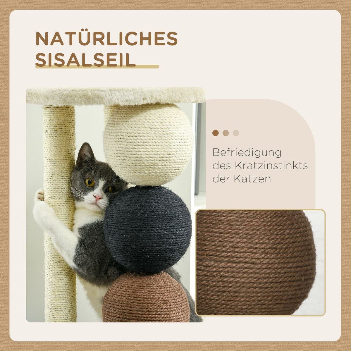 Scratching Post With Platform, 2 Sisal Posts, 4 Sisal Balls, E1 Chipboard, Compact, 38X38X64Cm