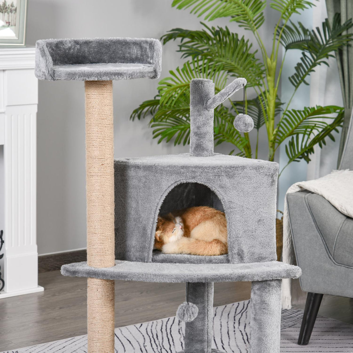 Scratching Post With Play Balls, Jute Column, Cat House, Gray, 50X40X112Cm