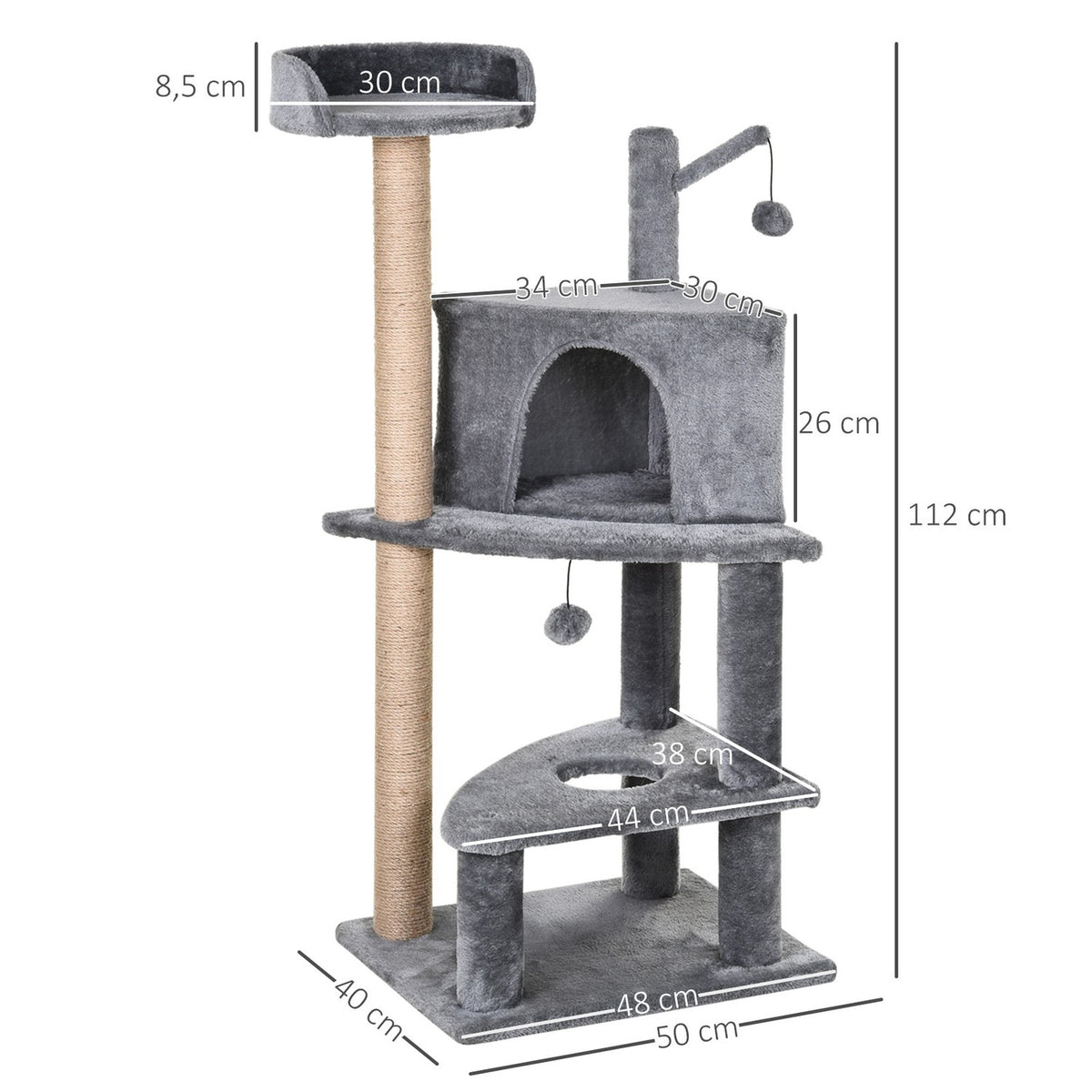 Scratching Post With Play Balls, Jute Column, Cat House, Gray, 50X40X112Cm