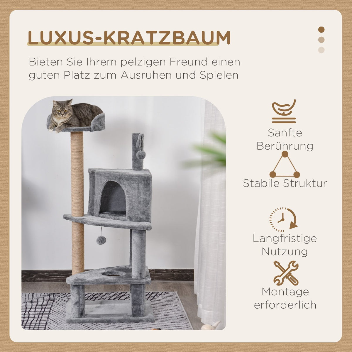 Scratching Post With Play Balls, Jute Column, Cat House, Gray, 50X40X112Cm