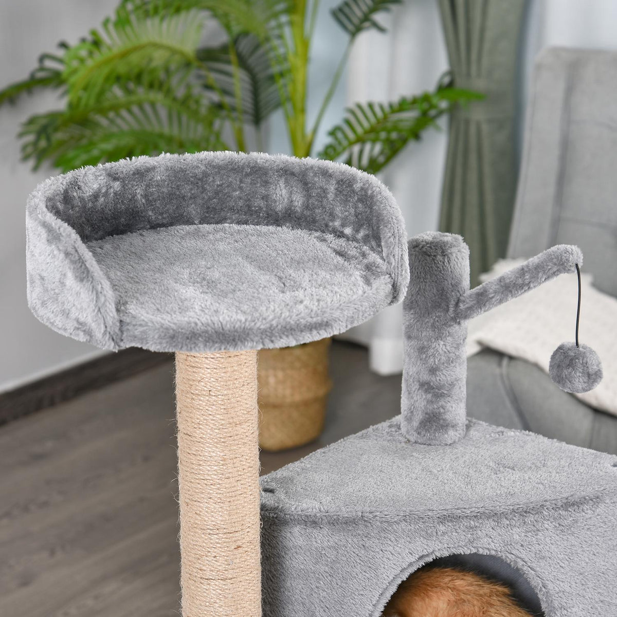 Scratching Post With Play Balls, Jute Column, Cat House, Gray, 50X40X112Cm