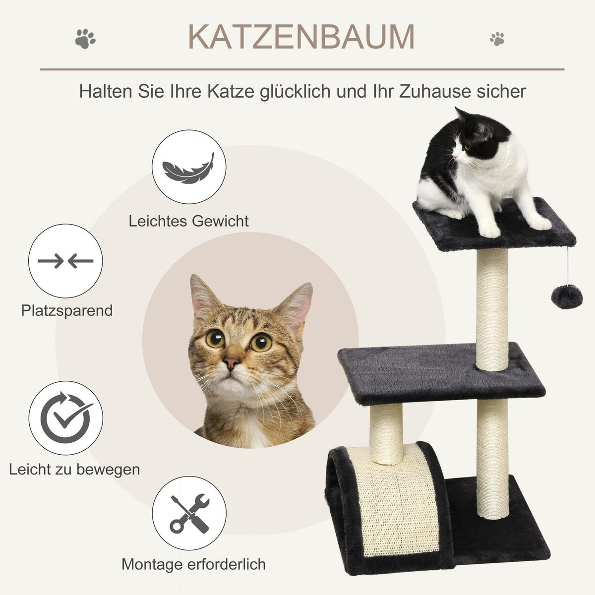 Scratching Post With Scratching Board, Dark Gray, E1 Mdf Sisal Plush, 40X35X72Cm