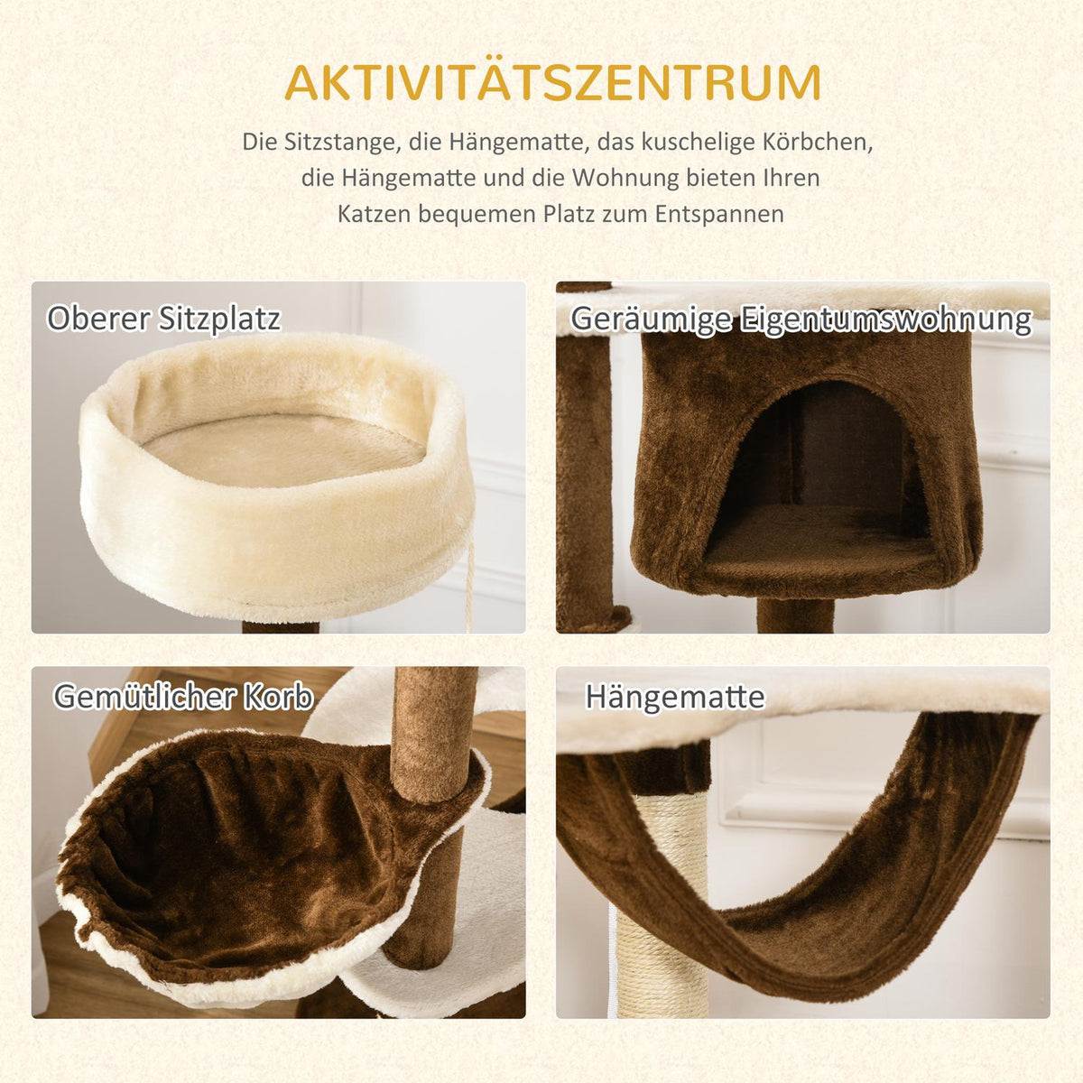 Scratching Post Xxl With Cat Cave & Hammock Multi-Level Cat Tree Multi-Activity Center, Plush, Brown, 213X91X122Cm