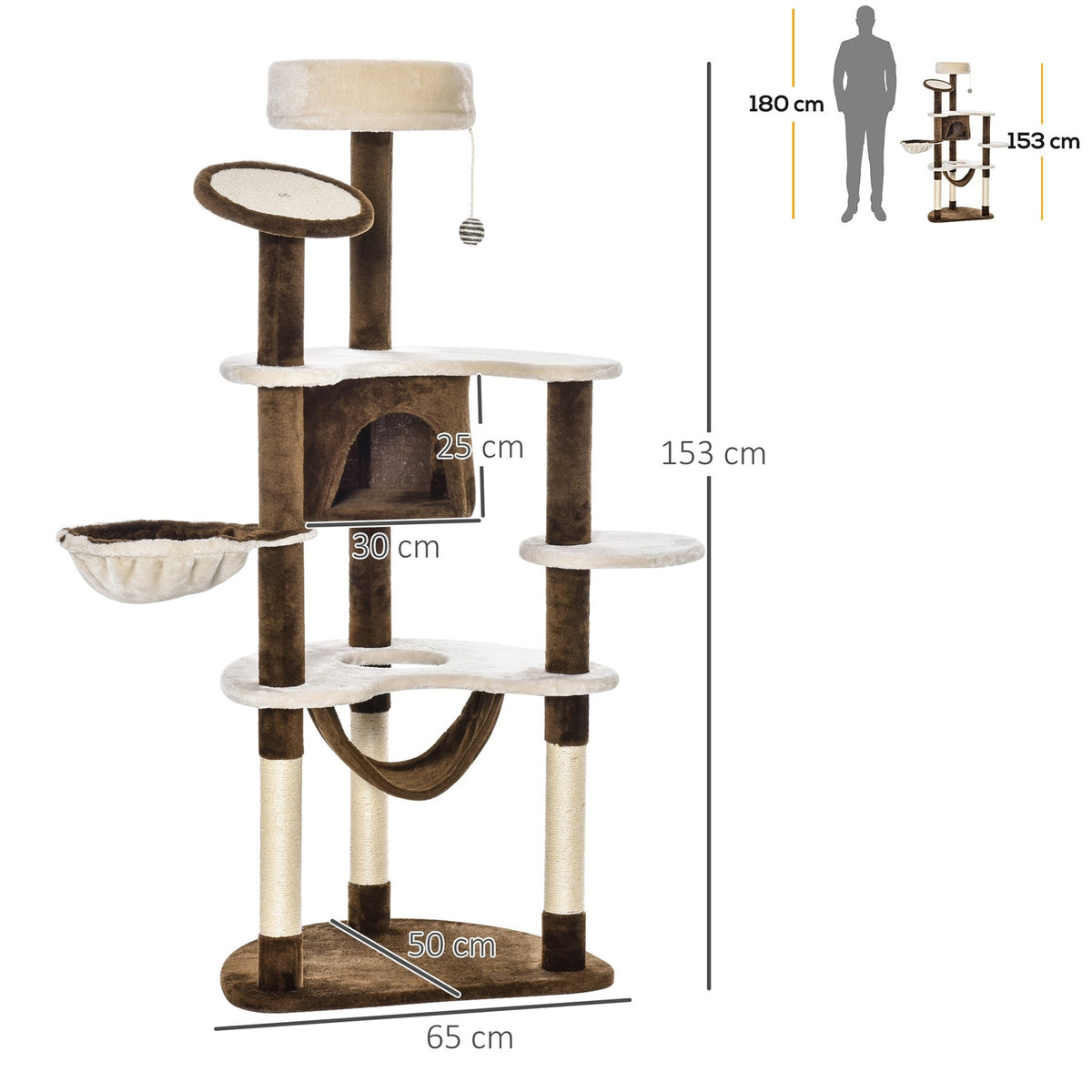 Scratching Post Xxl With Cat Cave & Hammock Multi-Level Cat Tree Multi-Activity Center, Plush, Brown, 213X91X122Cm