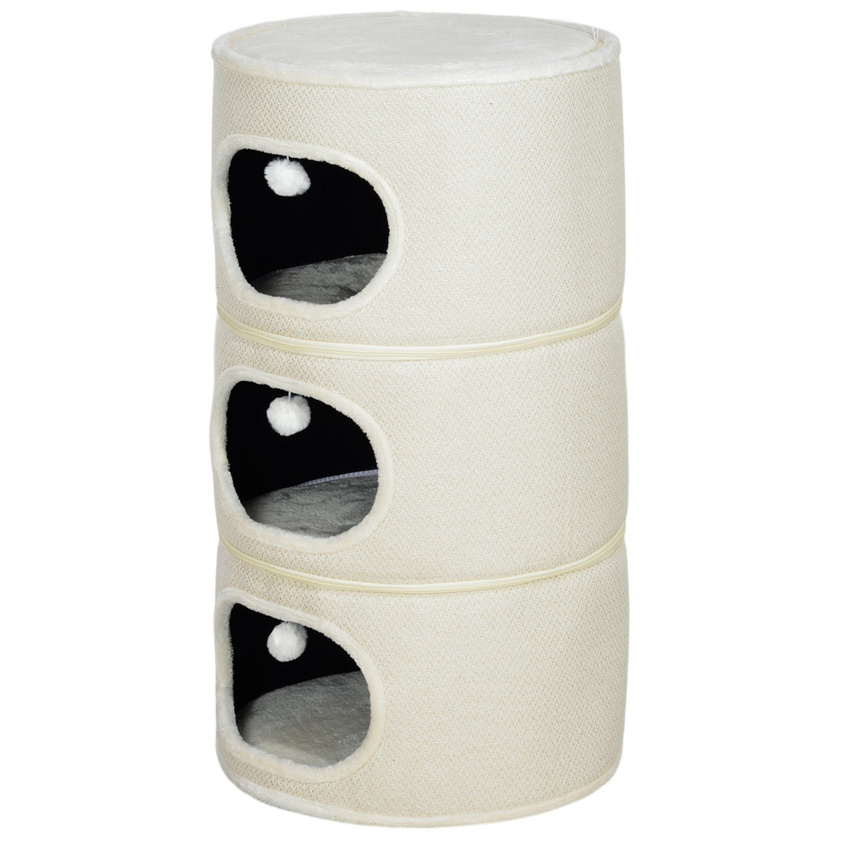 Scratching barrel, 100 cm high, cat barrel with 3 caves, scratching post with play balls, cat tower made of sisal, for cats up to 6 kg, beige + cream white