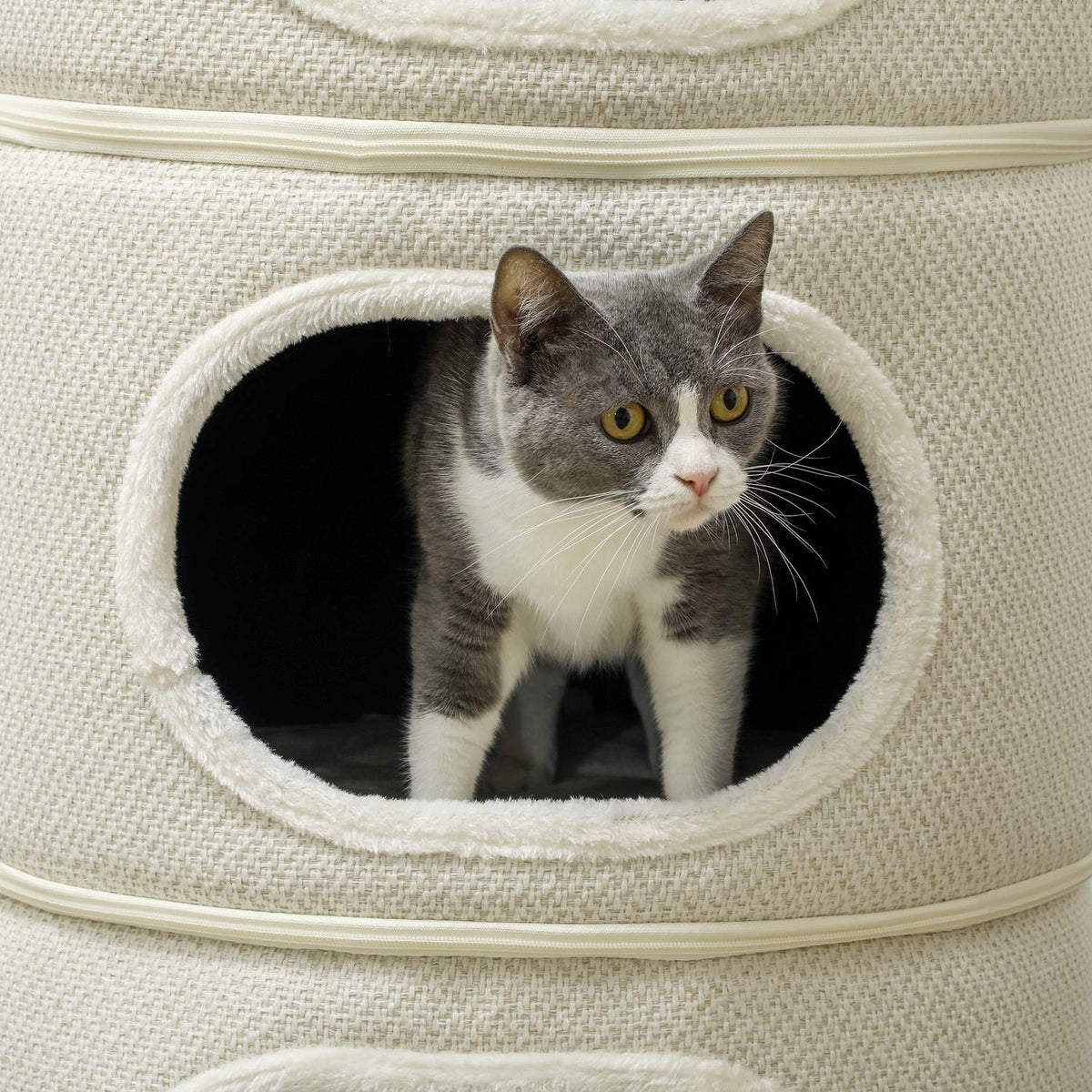 Scratching barrel, 100 cm high, cat barrel with 3 caves, scratching post with play balls, cat tower made of sisal, for cats up to 6 kg, beige + cream white