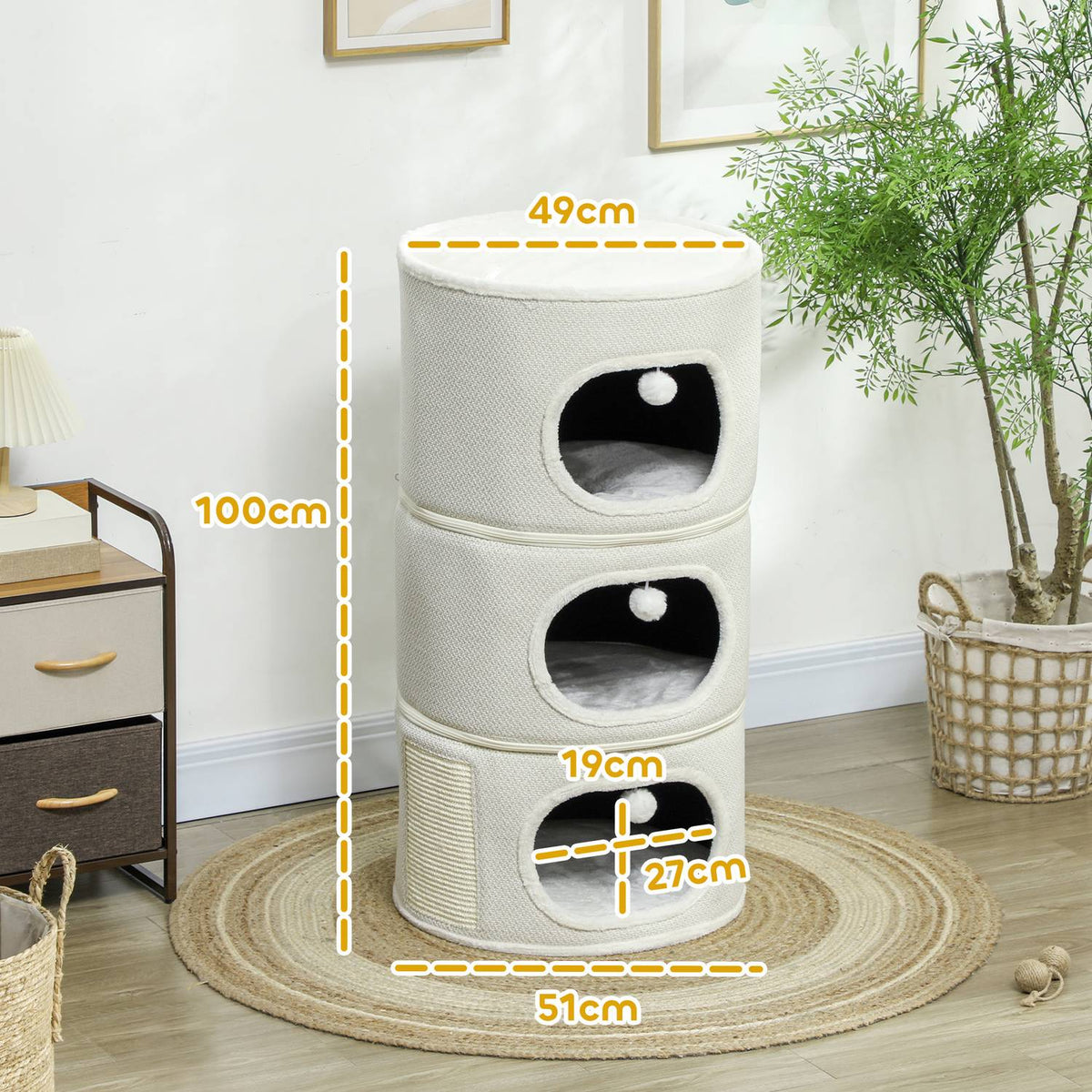 Scratching barrel, 100 cm high, cat barrel with 3 caves, scratching post with play balls, cat tower made of sisal, for cats up to 6 kg, beige + cream white