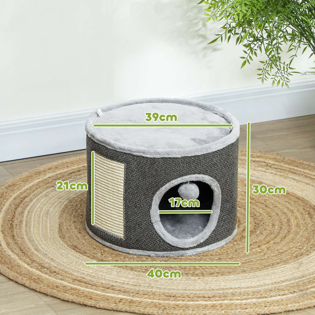Scratching barrel, 30 cm high cat barrel with cave, scratching post, cat tower made of sisal, for cats up to 5 kg, dark gray