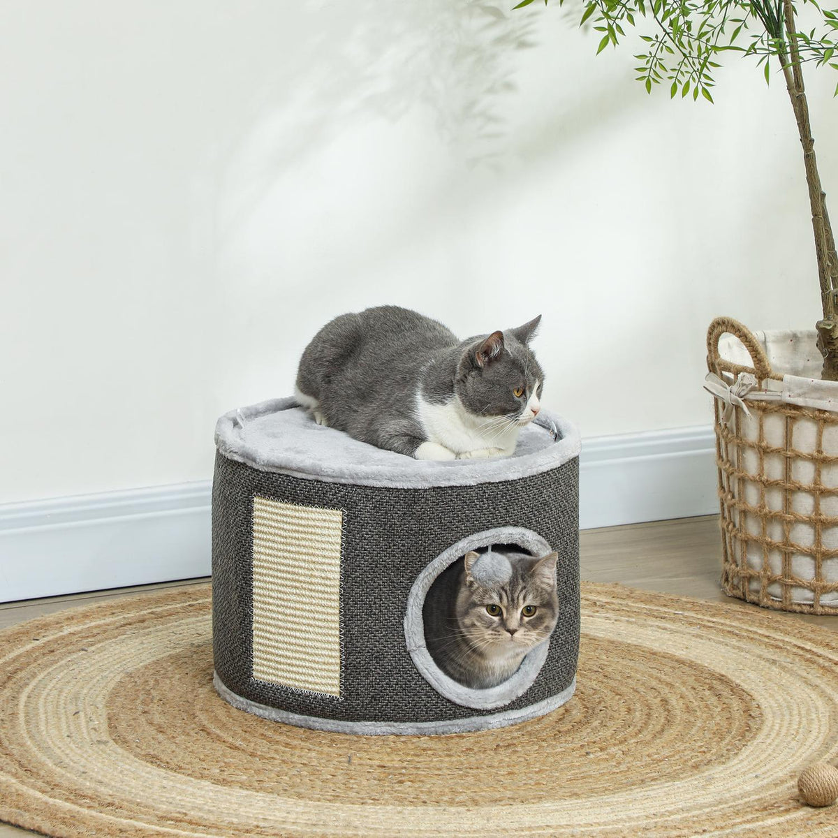 Scratching barrel, 30 cm high cat barrel with cave, scratching post, cat tower made of sisal, for cats up to 5 kg, dark gray