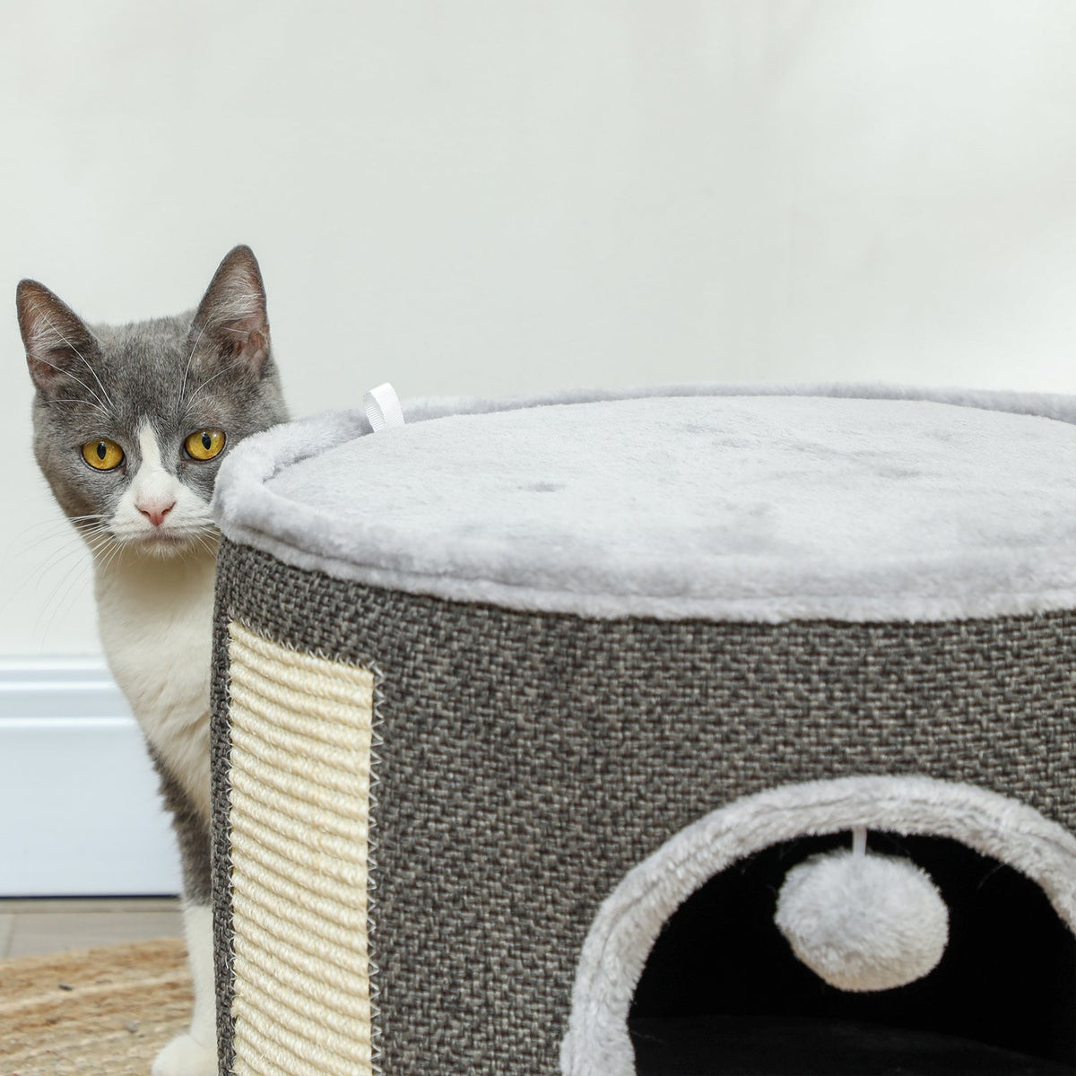 Scratching barrel, 30 cm high cat barrel with cave, scratching post, cat tower made of sisal, for cats up to 5 kg, dark gray
