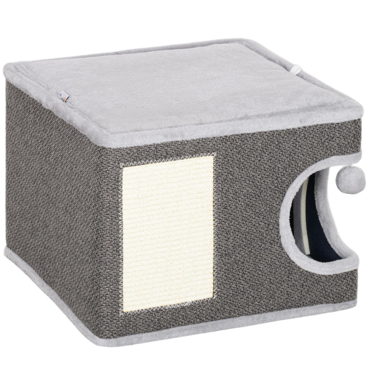 Scratching barrel, 35 cm high, cat barrel with cave, scratching post with play ball, cat tower made of sisal, for cats up to 6 kg, dark gray + cream white