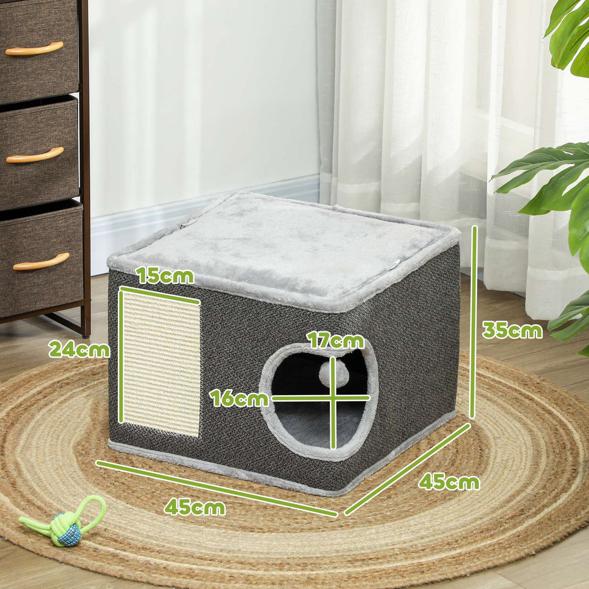 Scratching barrel, 35 cm high, cat barrel with cave, scratching post with play ball, cat tower made of sisal, for cats up to 6 kg, dark gray + cream white
