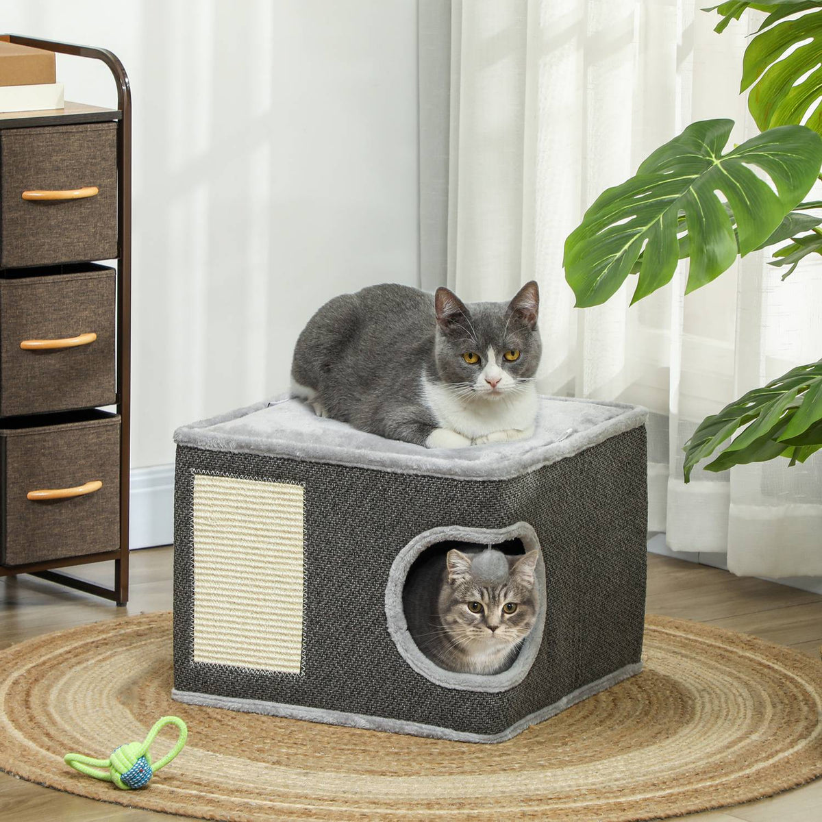 Scratching barrel, 35 cm high, cat barrel with cave, scratching post with play ball, cat tower made of sisal, for cats up to 6 kg, dark gray + cream white