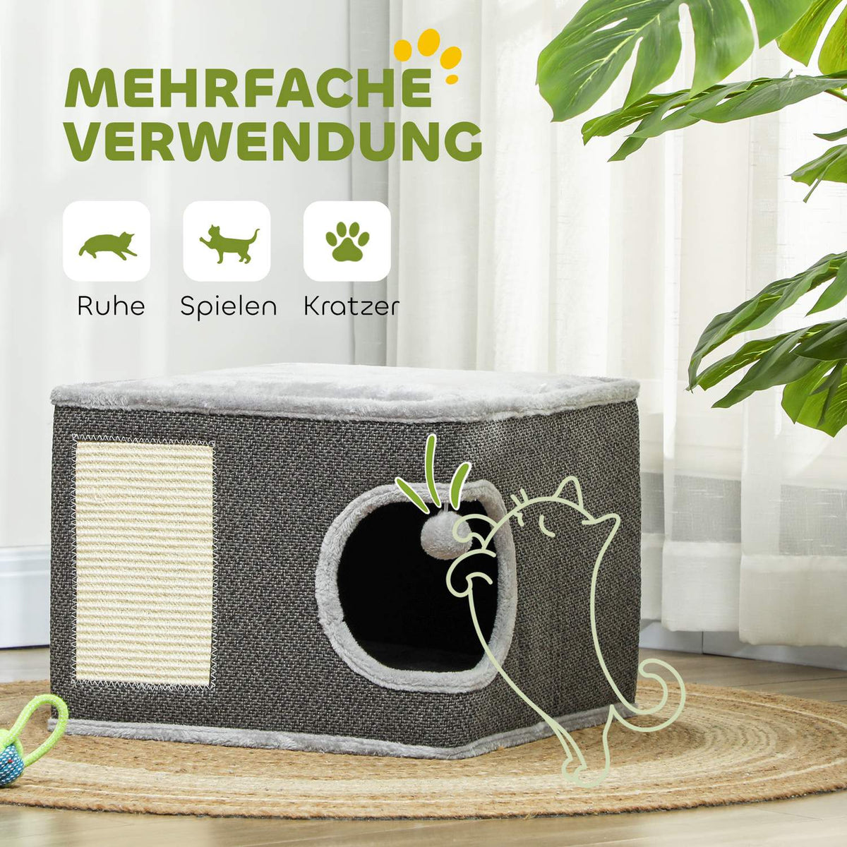Scratching barrel, 35 cm high, cat barrel with cave, scratching post with play ball, cat tower made of sisal, for cats up to 6 kg, dark gray + cream white