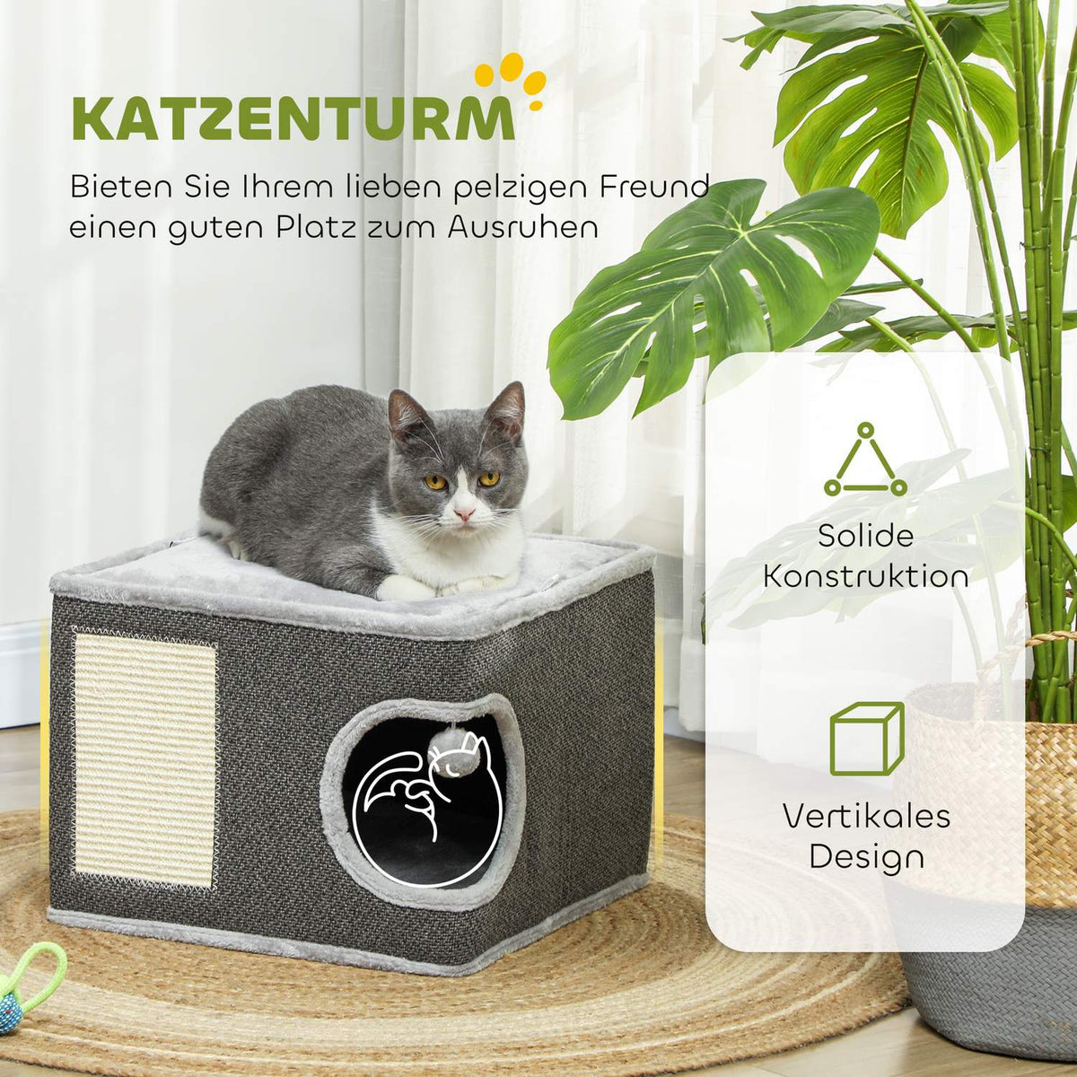 Scratching barrel, 35 cm high, cat barrel with cave, scratching post with play ball, cat tower made of sisal, for cats up to 6 kg, dark gray + cream white